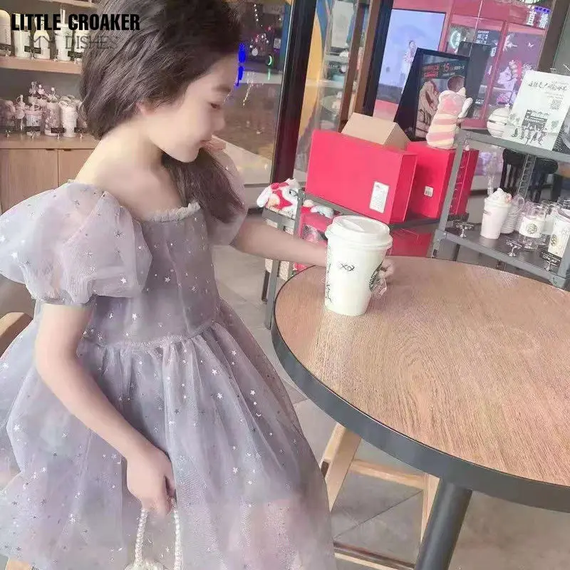 

Dress For Girls Summer Princess Dresses Sequins Puff Sleeve Ankle-Length Mesh Flower Girl Wedding One-piece For Evening Party