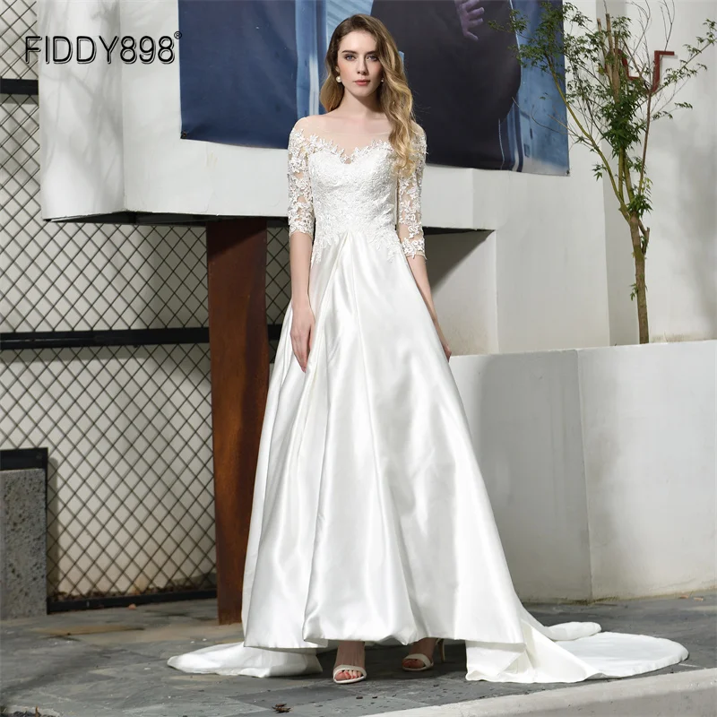 

Elegant Ivory Wedding Dress vestido de noiva Scoop 3/4 Long Sleeve A-Line Wedding Gowns robe de mariee Bridal Dress 15-32387