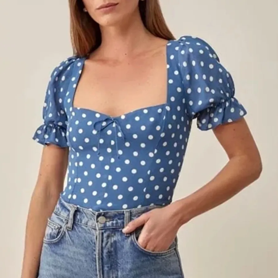 

Maxdutti Blue Polka Dot Casual Shirt Summer Blouse Women France Style Ins Blogger Fashion retro Square Collar Short Tops