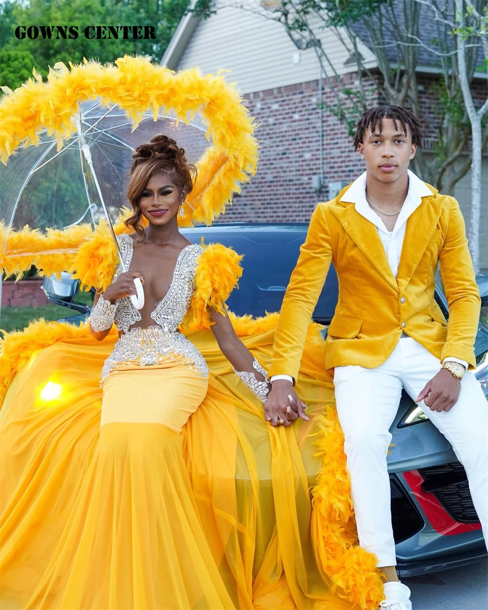 

New In Yellow Feathers Sliver Crystal Beading Prom Dresses For Party Wedding Evening Black Girls Luxury Birthday Dress Mermaid