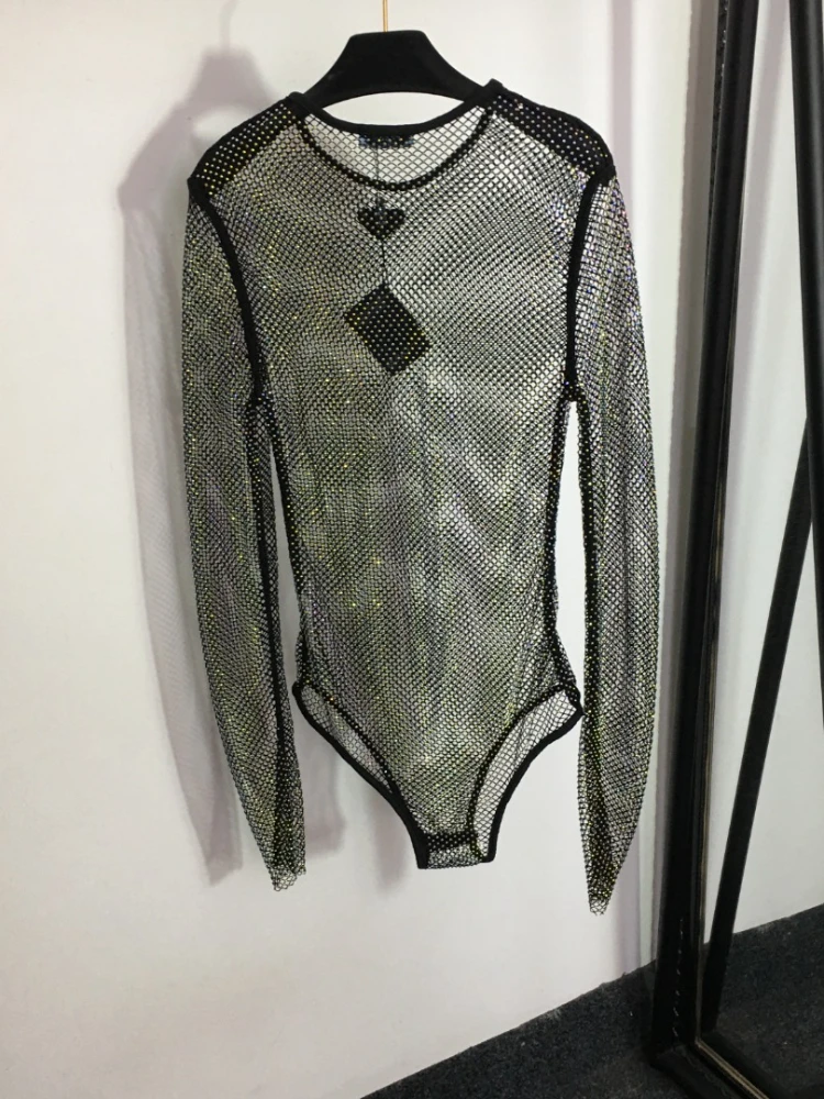 

2023 Summer Autumn Sexy Midnight Clubwear Crystal Diamonds Bodysuit Rompers Women Jumpsuits See Through Hollow Out Overalls Tops