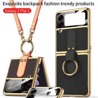 leather case with strap for samsung galaxy z flip3 5g ring stand holder flip 3 camera lens protection cover