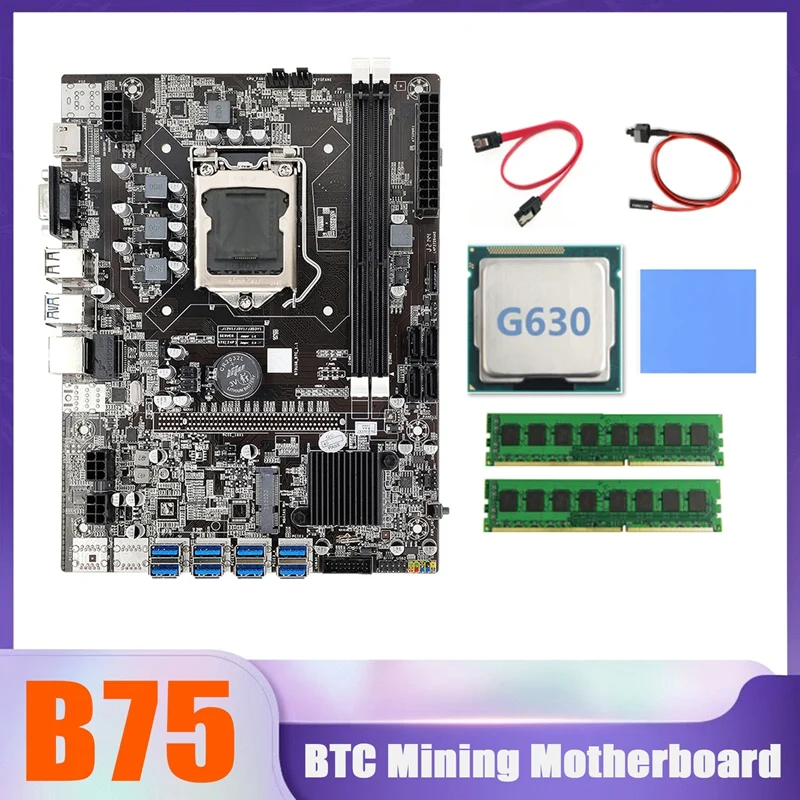 

B75 BTC Miner Motherboard 8XUSB+G630 CPU+2XDDR3 8G 1600Mhz RAM+SATA Cable+Switch Cable+Thermal Pad B75 USB Motherboard