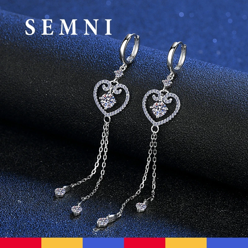 

SEMNI 1.0ct Moissanite Test Passed Love Heart Tassel Drop Earring for Women Girls 925 Sterling Silver Luxury Fine Jewelry Female