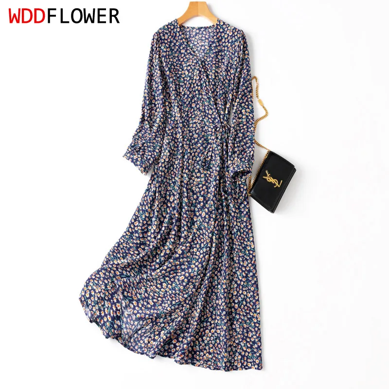 

Women 100% Mulberry Silk V neck blue floral Printed Midi Dress Long Sleeve belted Waist Wrap Dress with lining MM281