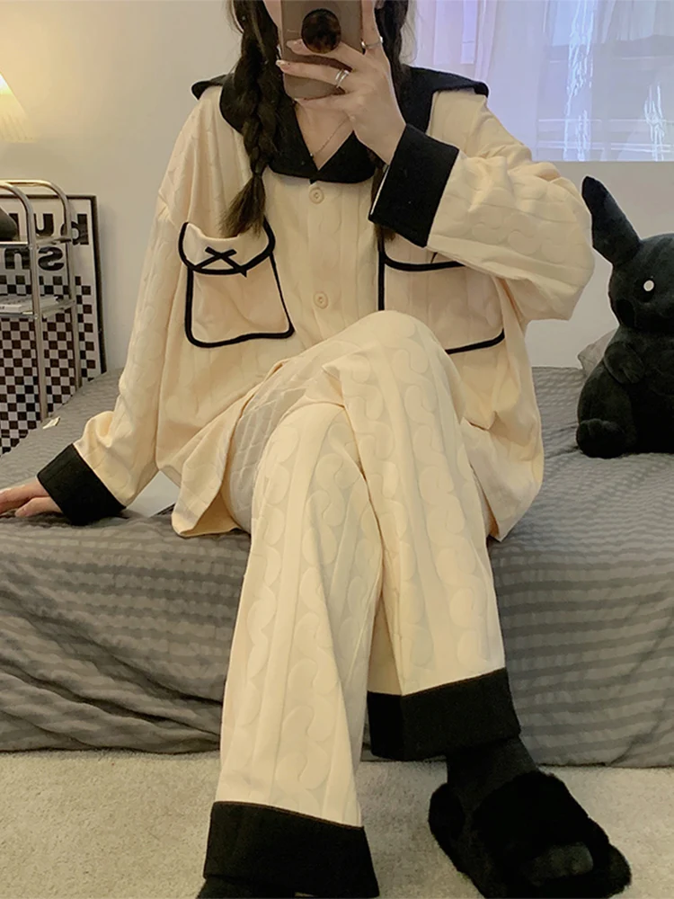 Pure Cotton Pajamas for Women Spring Autumn Winter Simple 2023 New High Sense Long sleeve Casual Solid Homewear Set