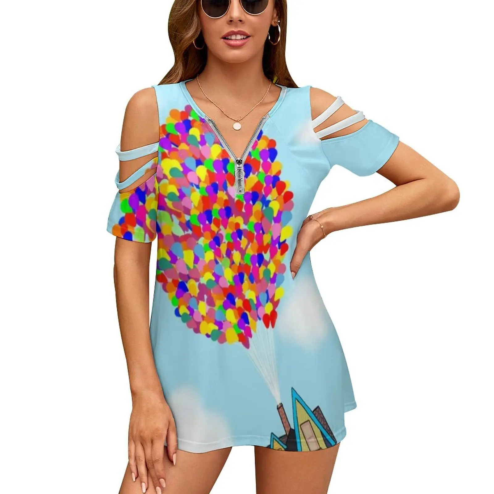 

Up Balloons Women'S T-Shirt New Fashion Printed Zipper V-Neck Short Sleeve T Shirts Casual Plus Size Up Balloons House Sky