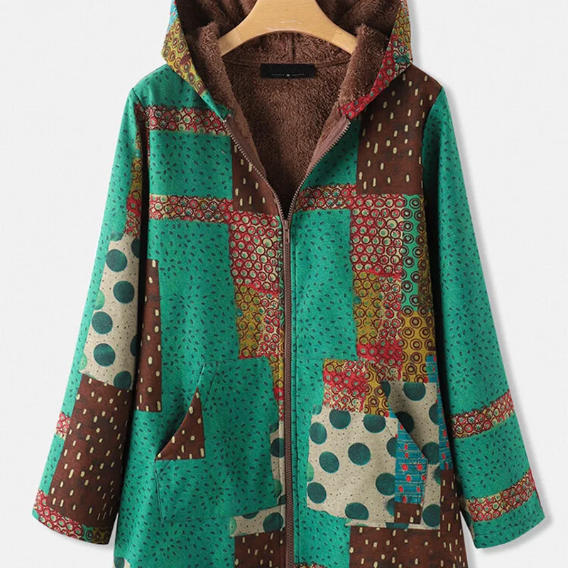 Autumn and Winter New Fleece Cotton Jacket Hooded Zipper Long Sleeve Ethnic Print Mid-length Cotton Coat