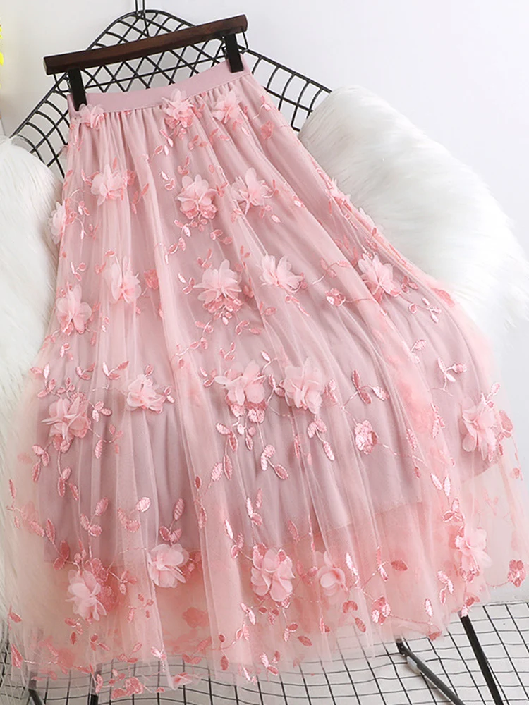 3D Floral Embroidered Mesh Skirts 2022 New Spring Summer Fresh Sweet High Waist Slim Long Fairy Skirts Jupe Faldas Largas