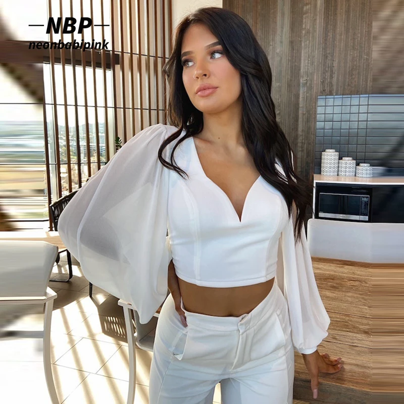 

NEONBABIPINK White Blouses for Women Sexy V Neck Tie Up Backless Lantern Sleeve Chiffon Shirts 2022 Fashion Crop Tops N82-CG23