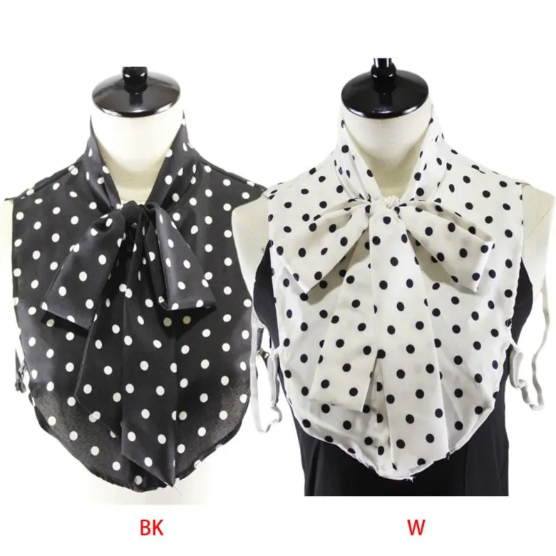 

Office Lady Adjustable Ribbon Bowknot Fake Collar Womens Vintage Black White Polka Dot Button Down Blouse Drop Shipping