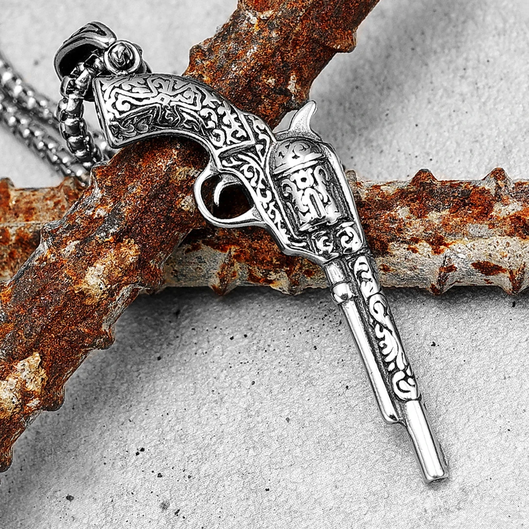 

316L Stainless Steel Vintage Revolver Necklace Retro Pistol Men Pendant Chain Rock Punk for Boyfriend Biker Rider Jewelry Gift