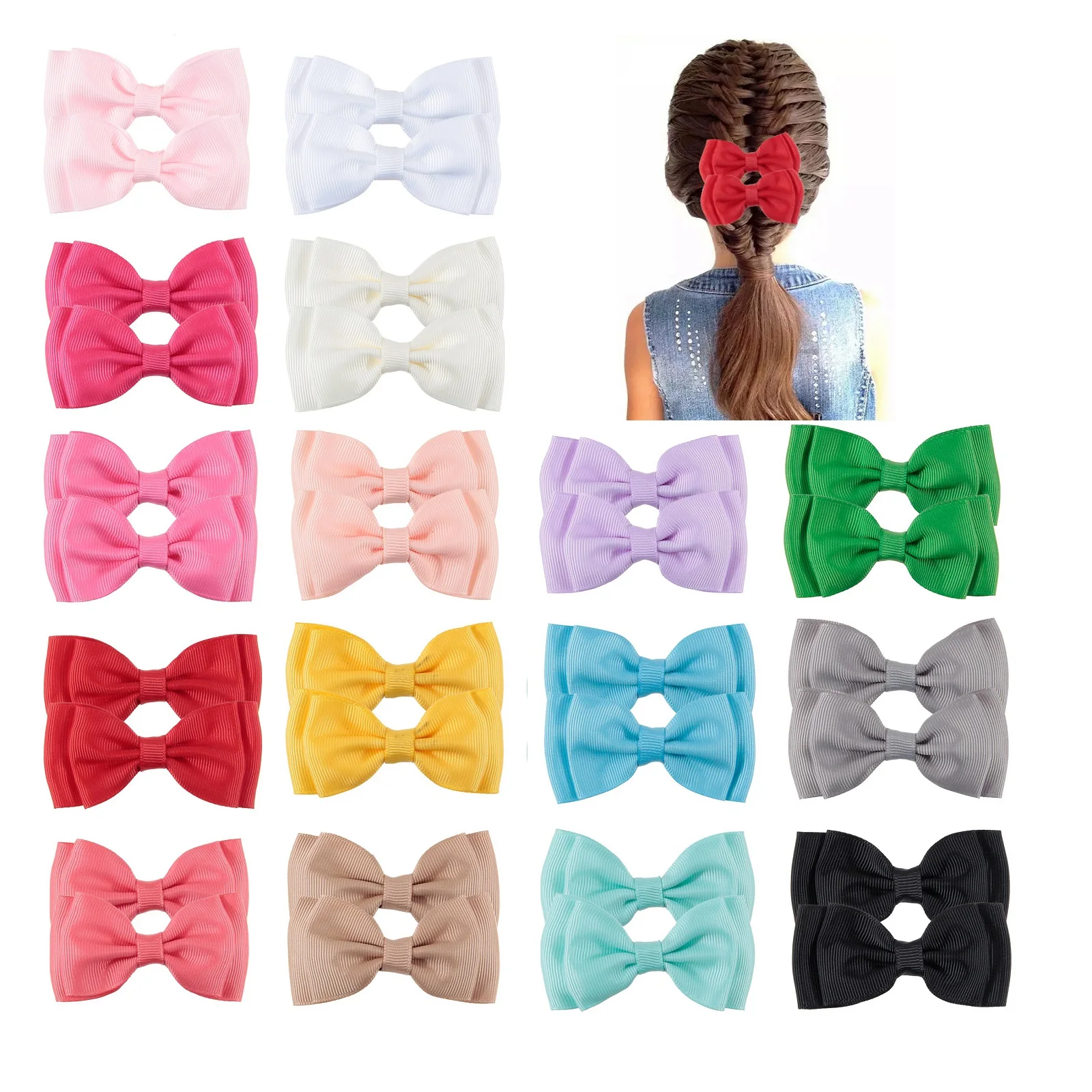 Fashion 2pcs 3.2 Solid Grosgain Ribbon Hair Bows Alligator Clips for Baby Girls Toddler Bows Hair Accessories in Pairs