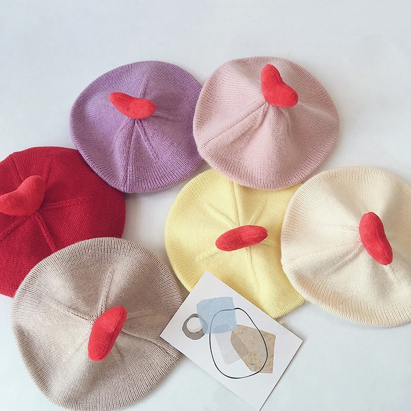 

Baby Knitted Beret Hat Solid Color Love Heart Beanie Cap for Toddler Girls Autumn Winter Warm Kids Artist Painter Caps Bonnet