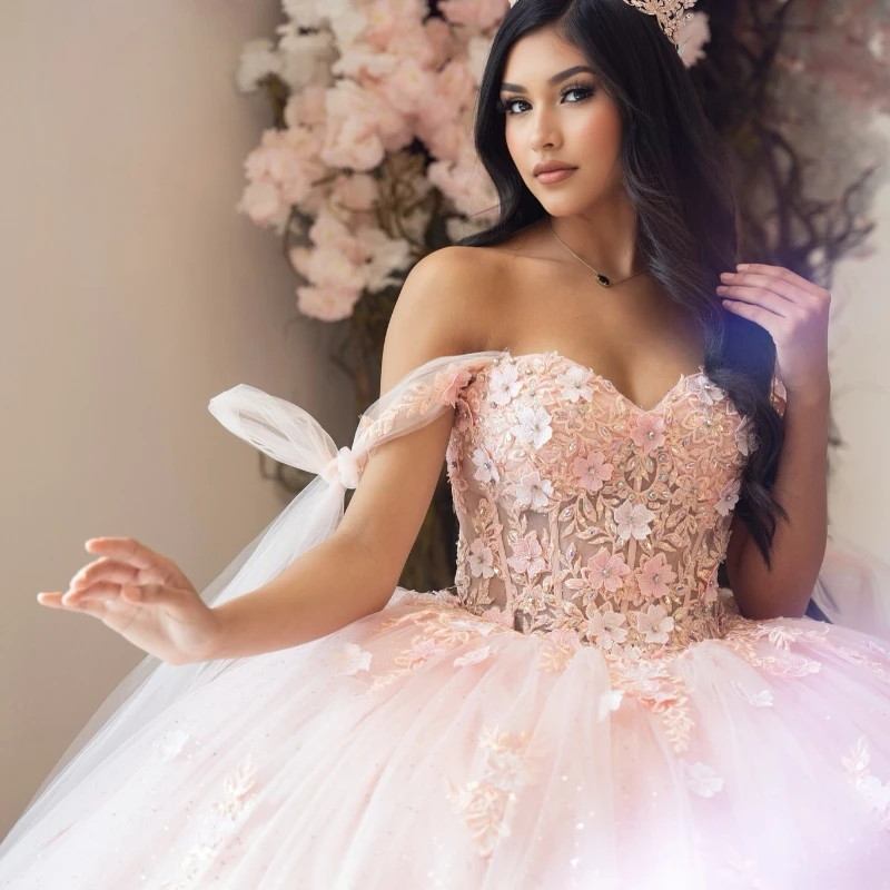 Розовые блестящие платья Quinceanera Бальное платье с открытыми плечами Аппликация 3D