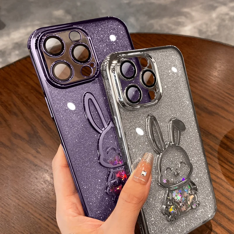 

Cartoon Plating Rabbit Phone Case for iPhone 13 Pro Max 14 Plus 14Pro Max 11 12 14 Pro Max Glitter Quicksand Luxury Girl's Cover