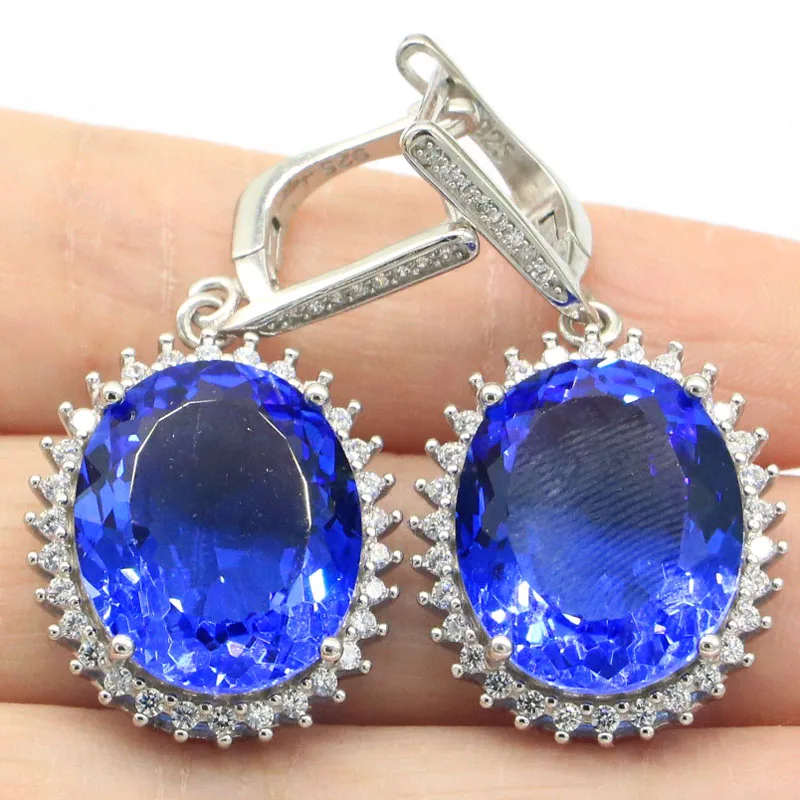

40x20mm Jazaz Big 12.5g Blue Aquamarine Violet Tanzanite CZ Females Dating 925 Solid Sterling Silver Pendant Earrings