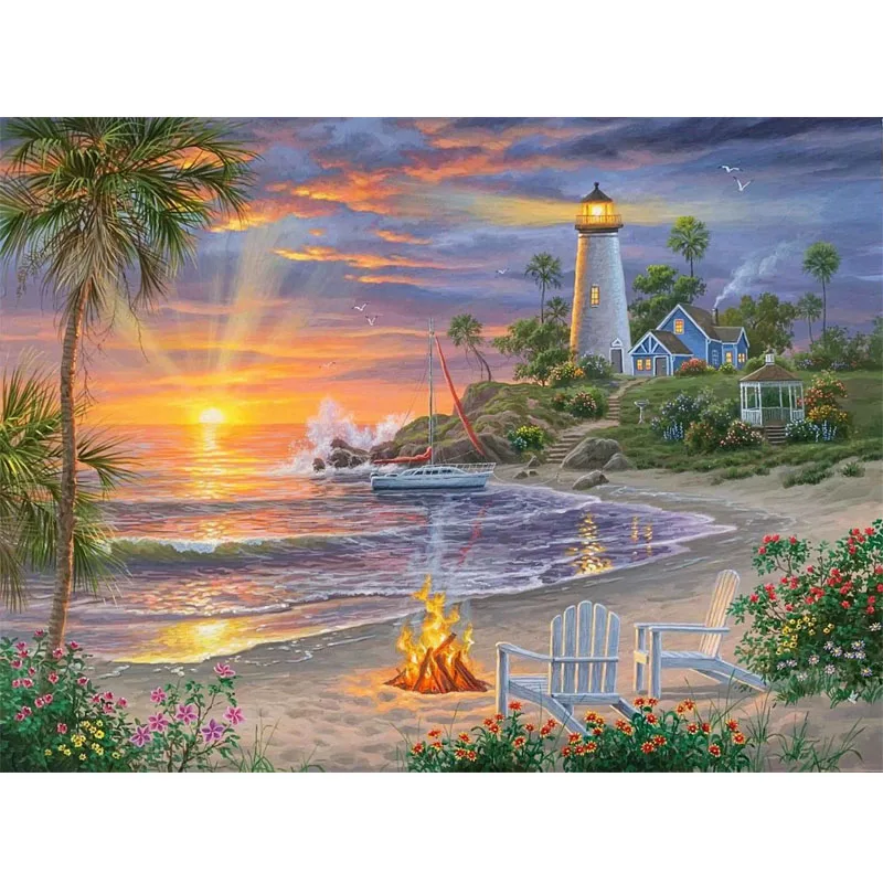 

Sunature 5D Full Square Round Drills Beach Sunset Lighthouse Diamond Painting