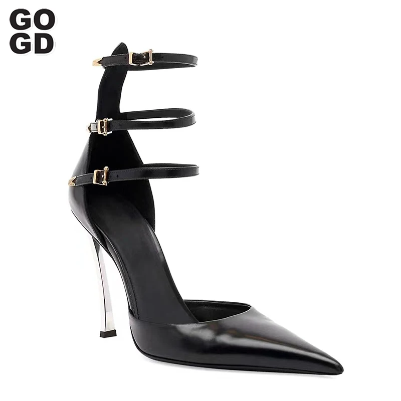 

GOGD Brand Fashion Women's Sexy High Heels Designer Pu Leather Thin Heels Sandals Ankle Strap Party Wedding Dress Shoes Trendy