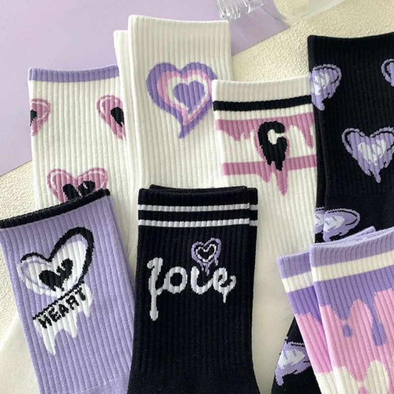 Women Cotton Socks Purple Heart Print Middle Tube Sock American Hip Hop Socks Street Wear Skateboard Socks Sports Sock For Girls