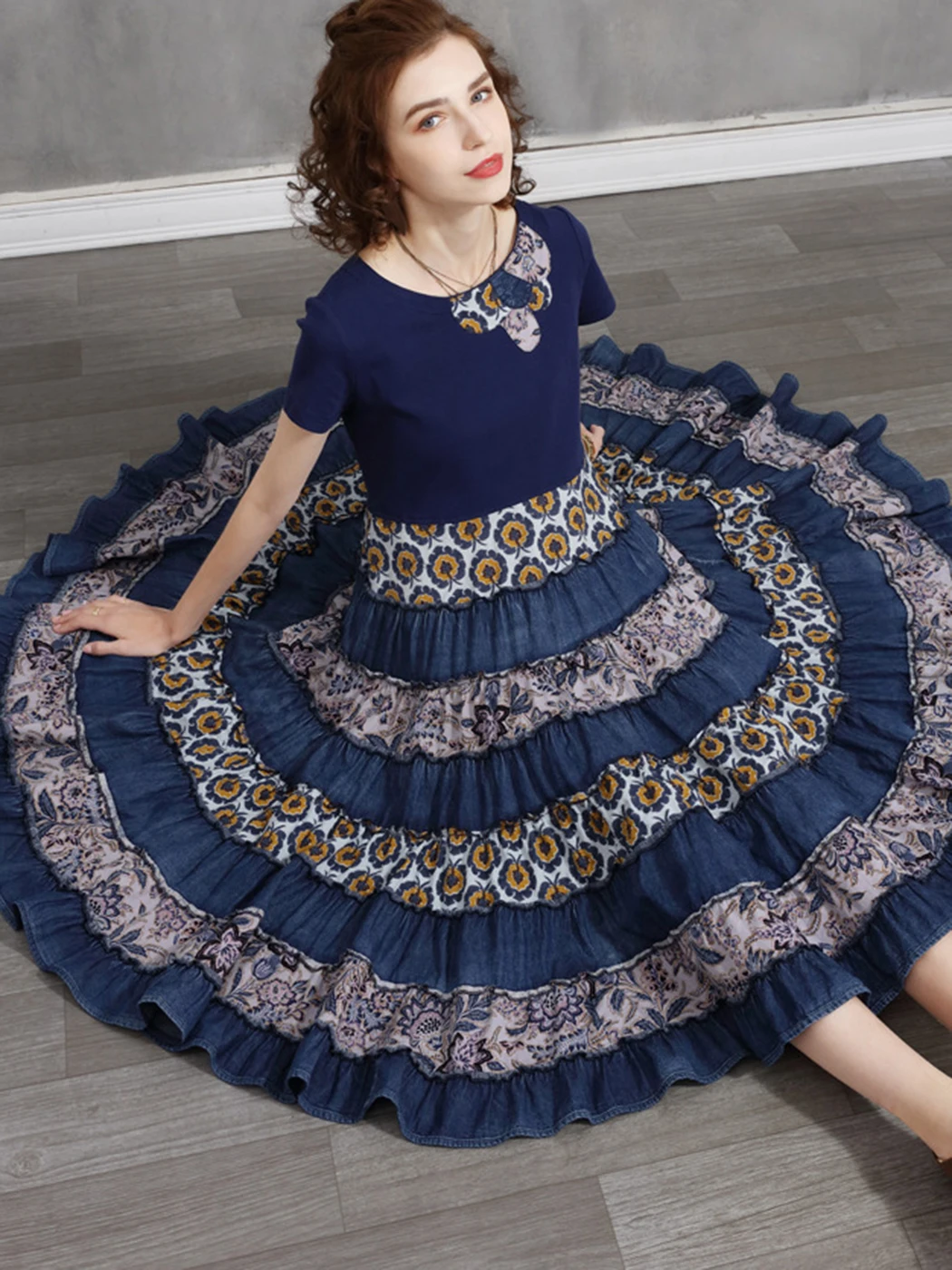 

Jastie Retro Stitched Chic Dress Women Summer O Neck Short Sleeve Ruffle Hem Casual Vestidos Dark Blue Pleated Vintage Dresses