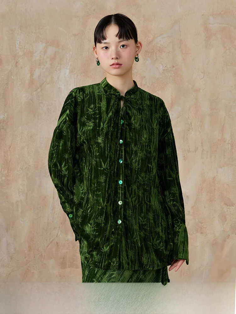 Рубашки Hall Tang женские новые китайские бархатные бамбуковые листья Emed High Sense
