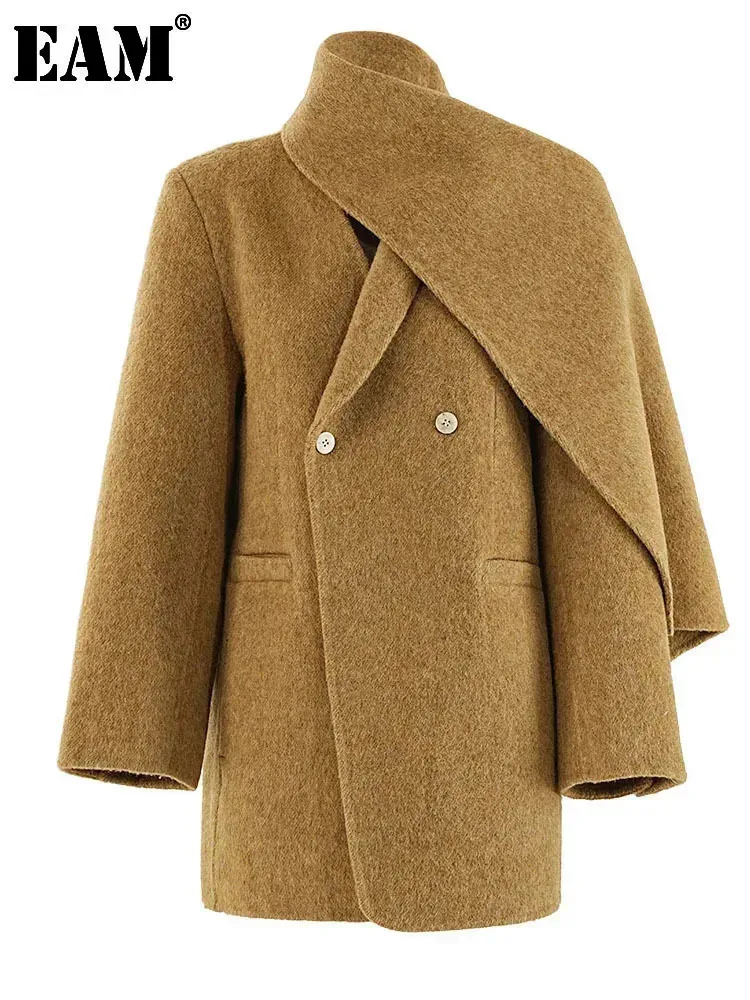 EAM Хаки большой размер толстое теплое шерстяное пальто новое женское с шарфом и
