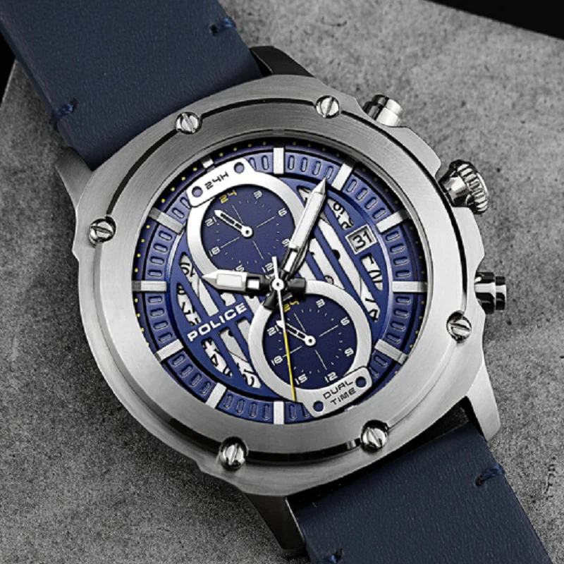 

Luxury fashion brand police men's watch waterproof leather buckle wristwatch multi-functional 24 hour calendar watches for men