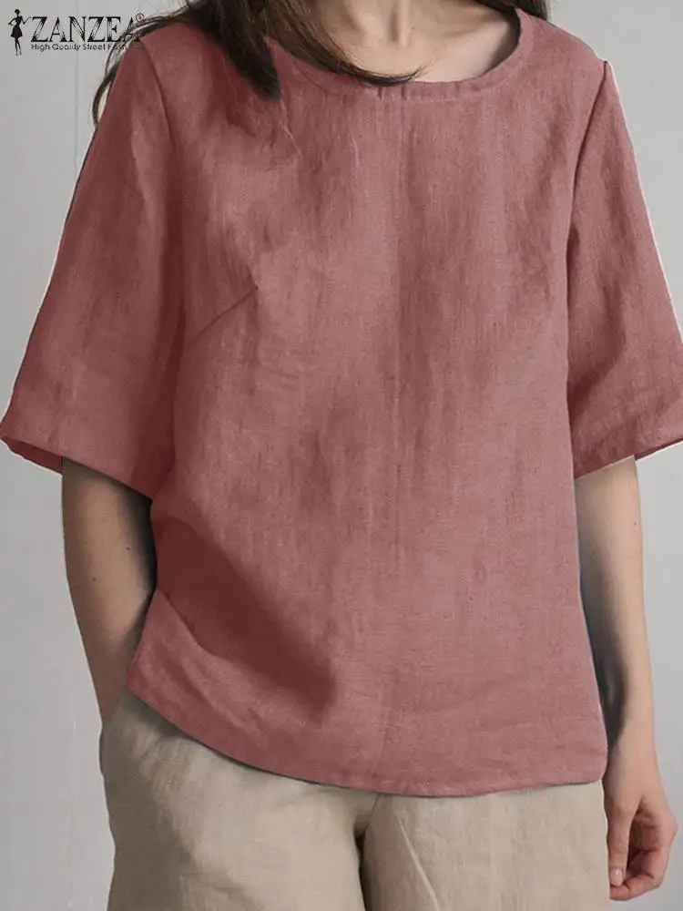 

Модные женские летние однотонные хлопковые топы с круглым вырезом и рукавом до локтя, Повседневная Свободная рабочая рубашка, женские праз...