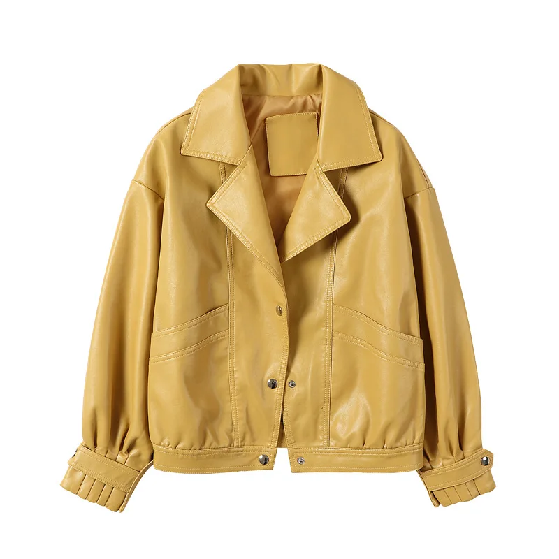 Leather Coat Women's Spring  Autumn 2022 Korean Fashion Lapel Lantern Sleeve Loose Motorcycle Jacket Pu Leather Jacket Short Top
