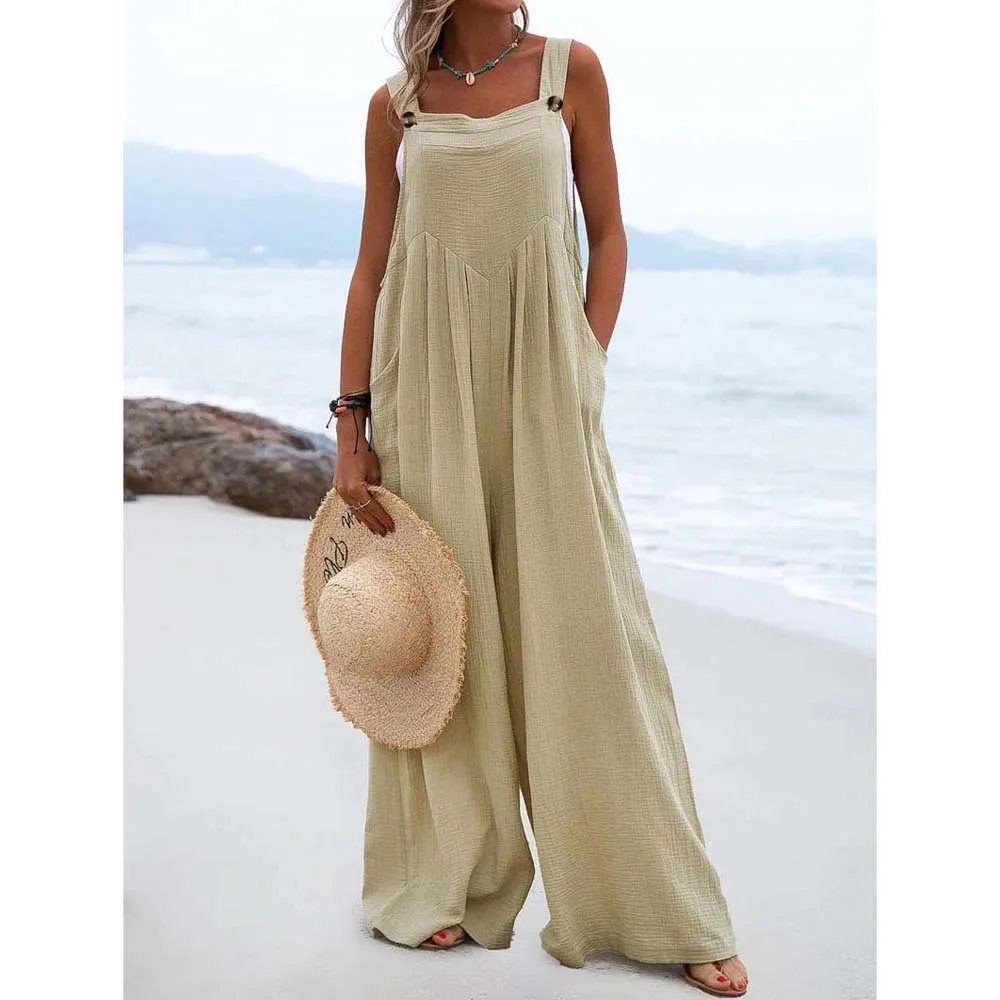 

Jumpsuit Sexy Sling Waist Pocket Wide Leg Sleeveless Jumpsuit Beach Vacation Casual Summer 2022 Female Clothing