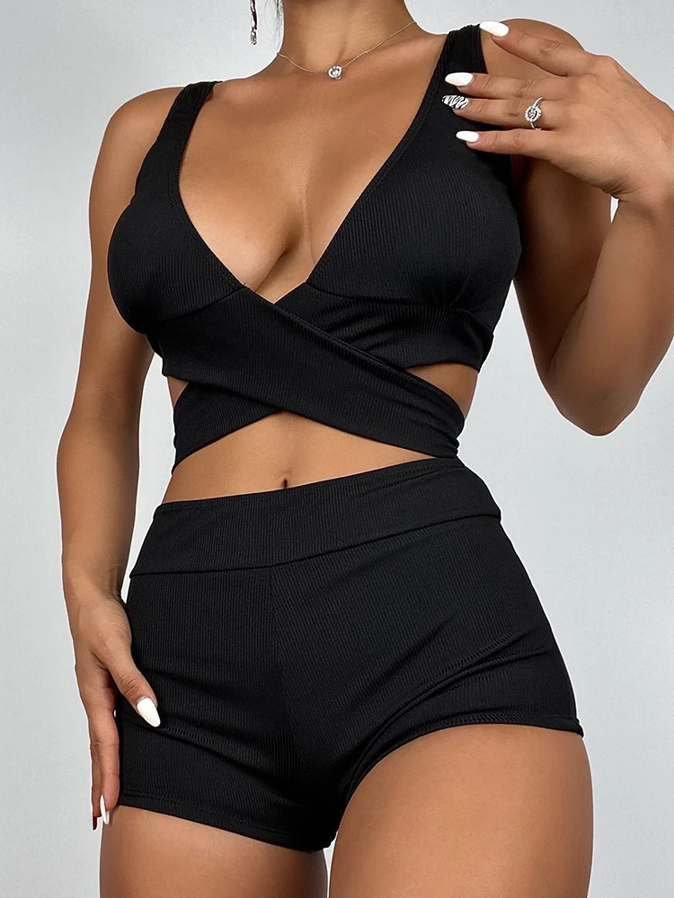 

Solid Wrap Bandage Tied Back Women's Swimsuit Two Piece Push Up Criss-Cross Bikini Bathing Suit High Waist Boyshorts Swimwear