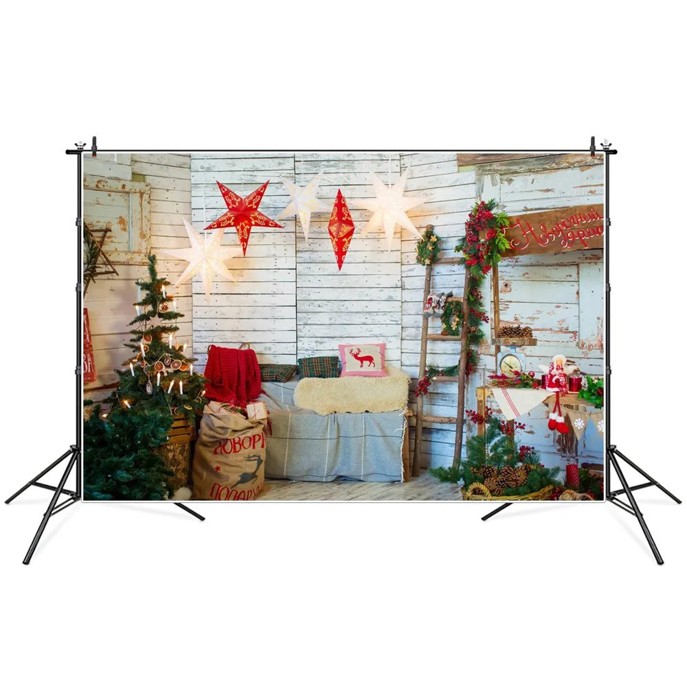

Christmas Tree Stars Garland Wooden Wall Interior Photography Backdrops Custom Baby Party Decoration Photo Booth Backgrounds