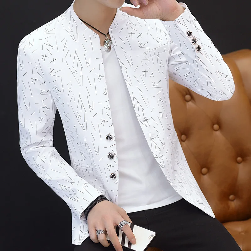 

HOO 2023 Men's Autumn Printing Gilding Stand Collar blazer Youth Slim Handsome Fashion Three Button blazer