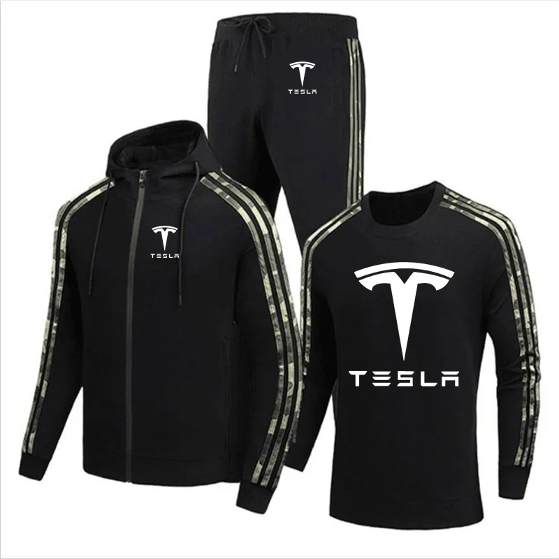 

Casual Men's jackets Tesla car Logo Printing Spring Autumn Cotton High Quality Men's jacket + sweater + pants three-piece suit