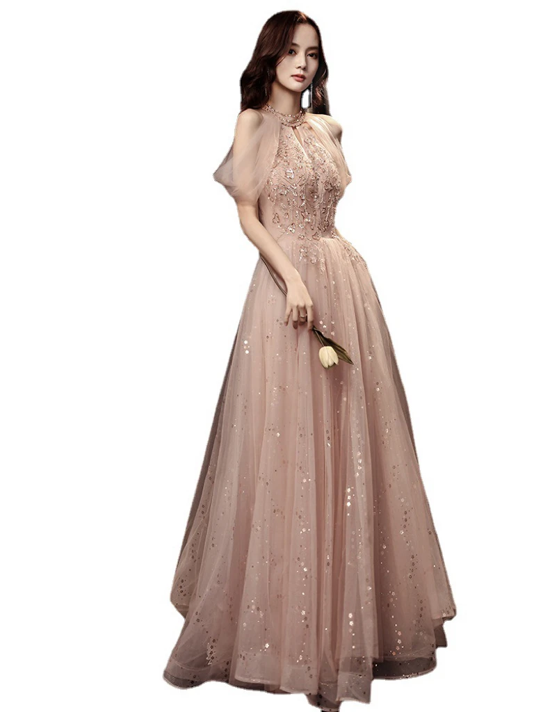 

Champagne Pink Bridesmaid Dresses Applique Sequined Halter O-Neck Off Shoulder Zipper A Line Sleeveless Evening Party Prom Gowns