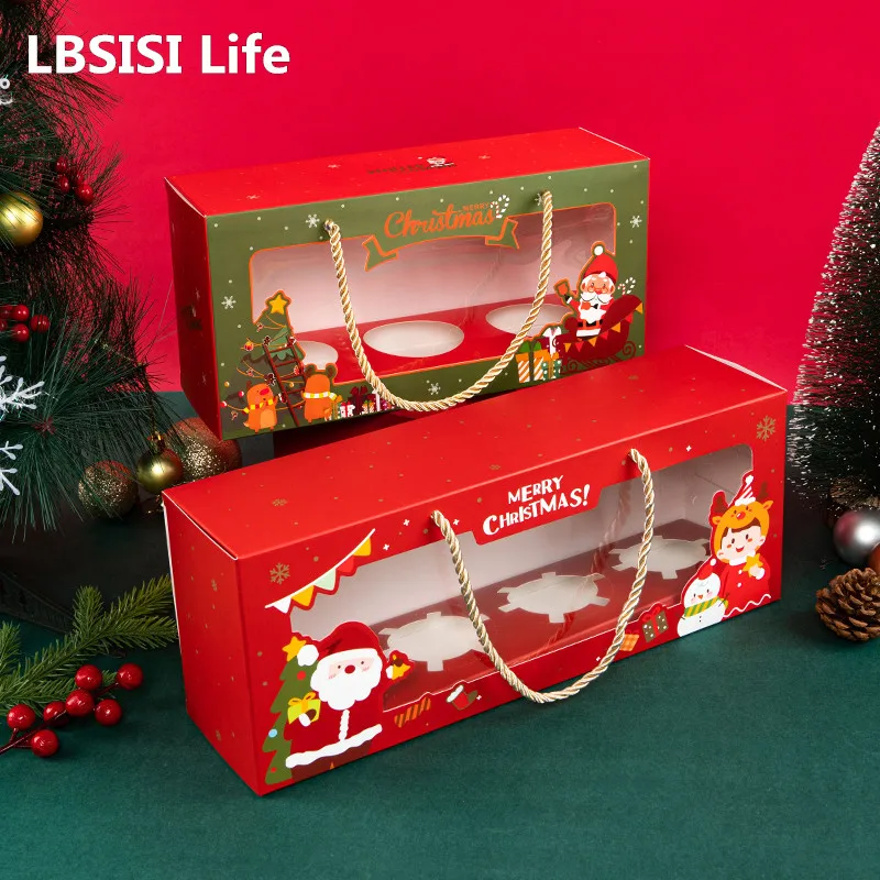 

LBSISI Life 10pcs Christmas Cupcake Boxes Xmas Pastry Mousse Cake Pudding Packaging Favor Happy New Year Party Santa Decor