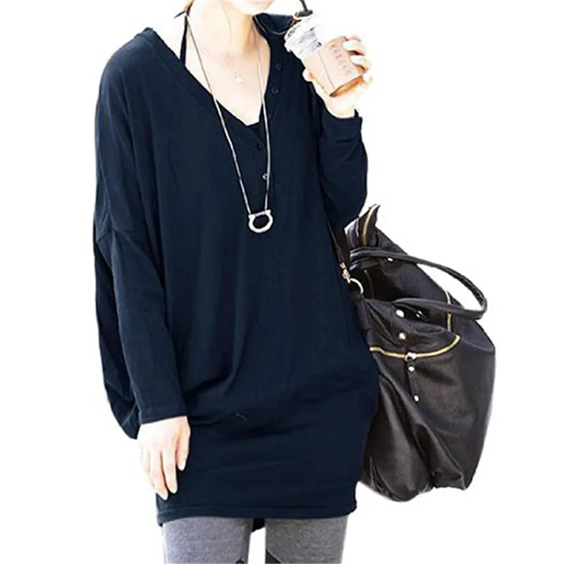 

Women Fashion Batwing V-neck Loose Long Tops Coat T-shirt Ladies