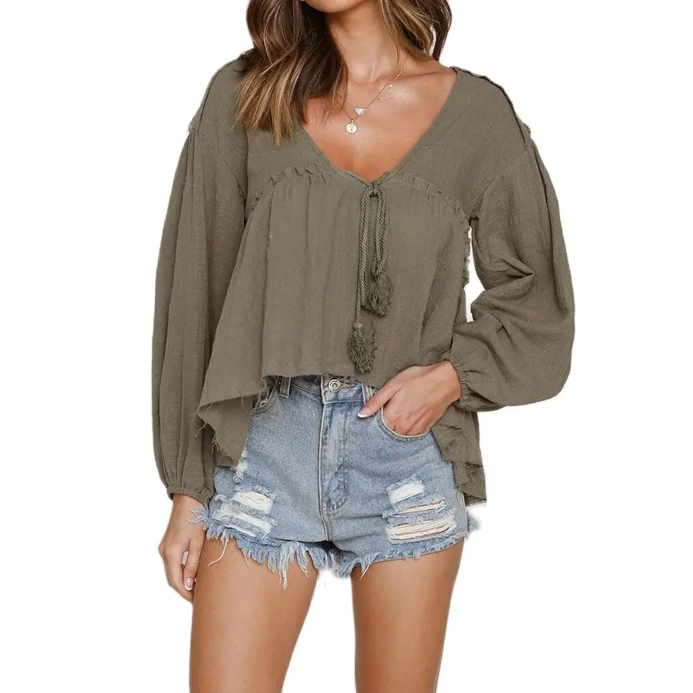 

2022 New Design Good Quality Factory Price Fashion Hot Selling Women's Sexy Solid Color V-Neck Long Sleeve Shirt