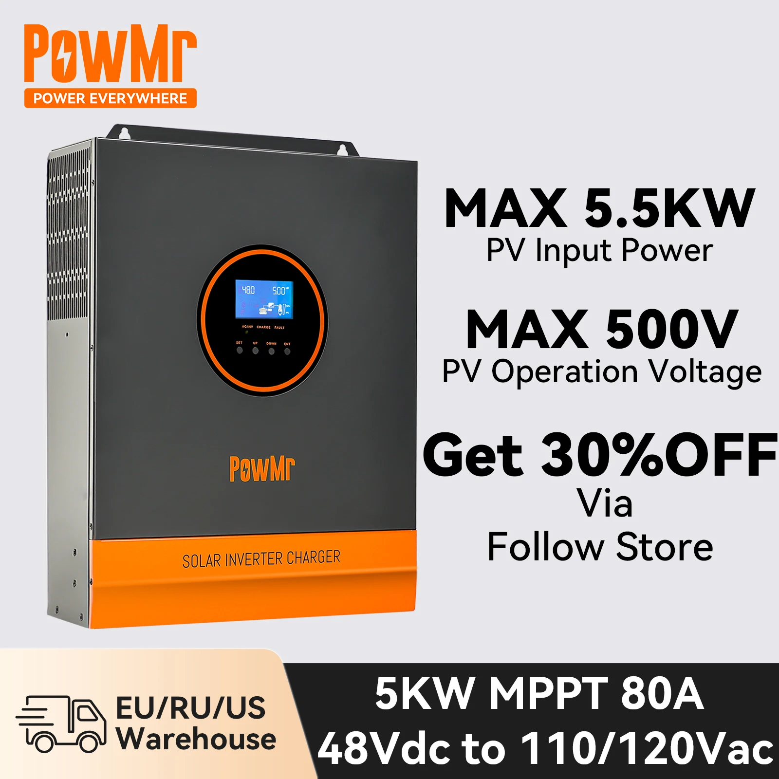 

PowMr 110V 5KW 48V MPPT Solar Hybrid Inverter Charger 80A 110V 120V Off Grid Pure Sine Wave Inverter 4HP Max PV Input 500V 5.5KW