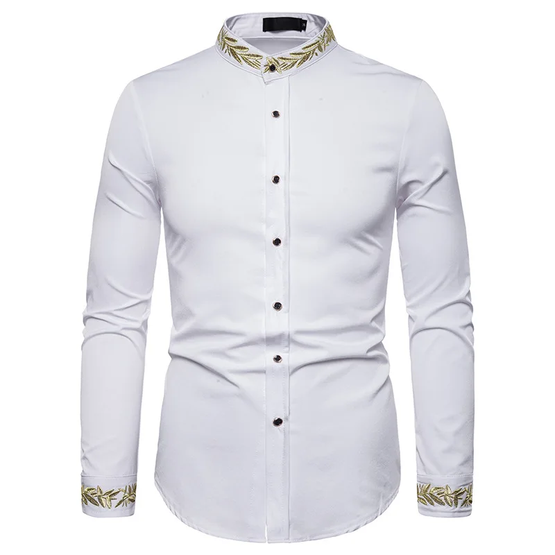 Men Spring Autumn Shirt Social Henley Dress Shirt Fashion Long Sleeve Formal Embroidery Tops Clothing Casual camisa masculina
