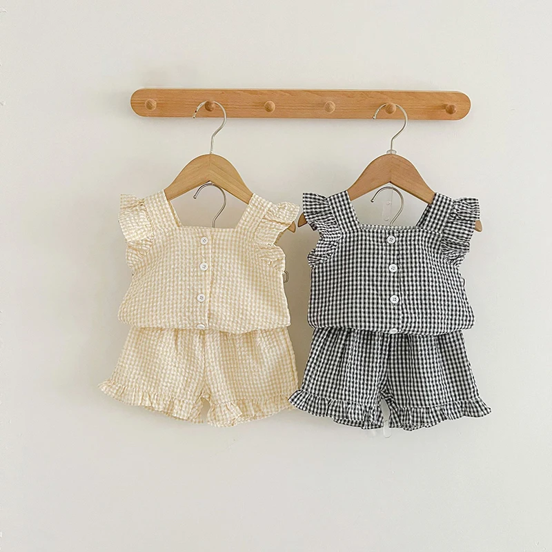 Summer New Baby Girl Cotton Shirt Sets Toddler Cute Solid Ruffles Sleeveless Vestidos Blouse Tops Korean Casual Shorts Babysuits