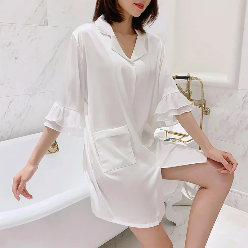 YFTNH Women Nightgown with Belt Sexy Soft Silk Half Sleeve Mini Night Dress Button Down White Long Shirts Fashion Lace Homewear