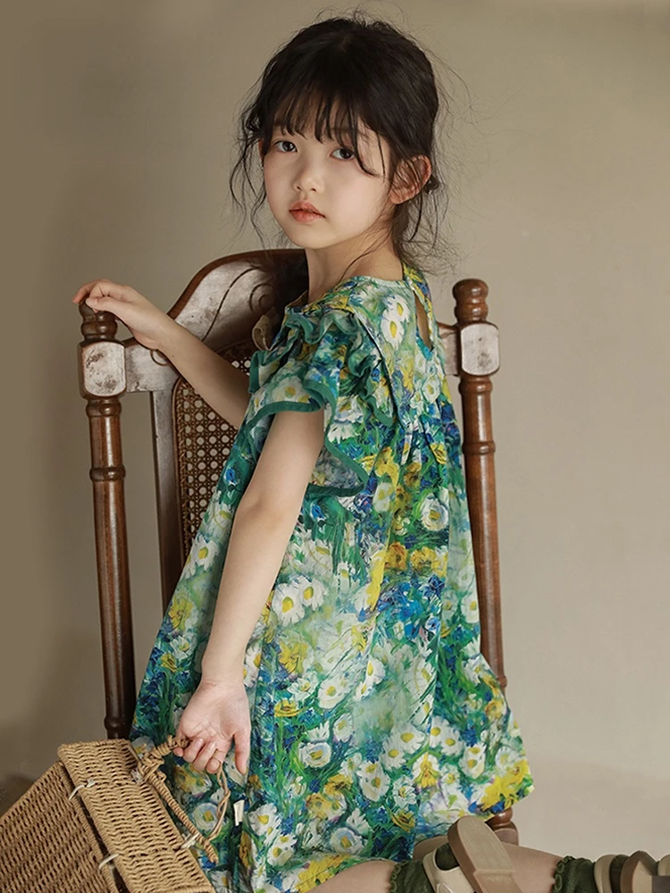 

2023 Summer New Girls' Oil Painting Print Flying Sleeve Patchwork Dress Baby Girl Clothes 4-6y 7-12y