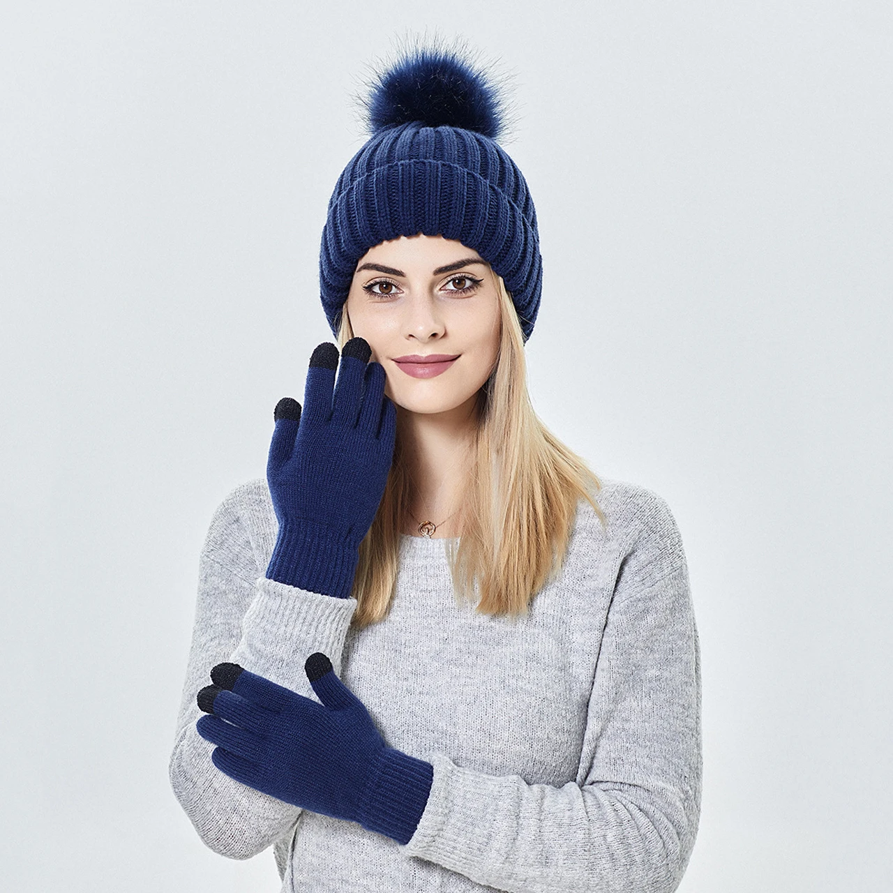 

2pcs Winter Hat Glove Sets for Women 2022 Big Pompom Beanies Hats for Women Knitted Touch Screen Winter Glove Solid Color