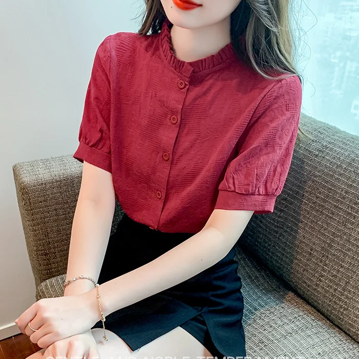 Летняя женская хлопковая блузка в иностранном стиле с коротким рукавом