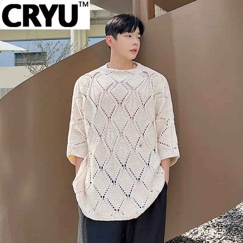

CRYU Temperament Loose Hollow Out Breathable Short Sleeve Knitted Tshirt Men's Top Sweater Fashion 2023 Round Neck 9A7958