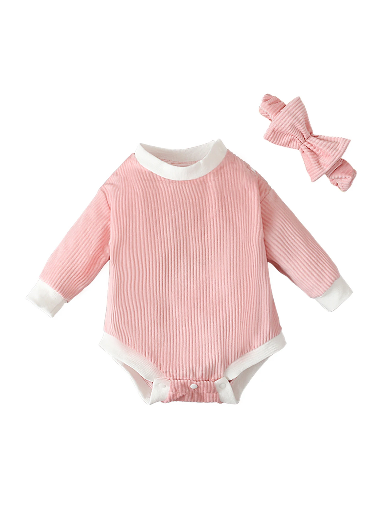 

Baby Girl Fall Winter Clothes Corduroy Solid Color Long Sleeve Round Neck Loose Bodysuit Romper With Headband Set