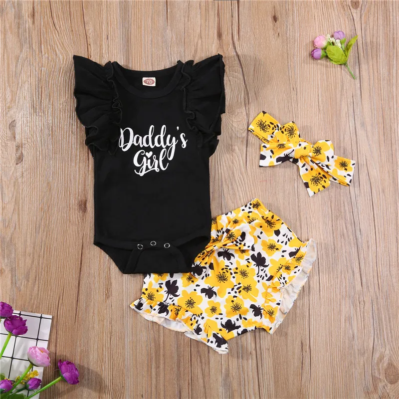 

Baby Romper + Shorts + Headband Girl Flower Print Sweet Style Summer Clothing Children Baby Girl Clothes
