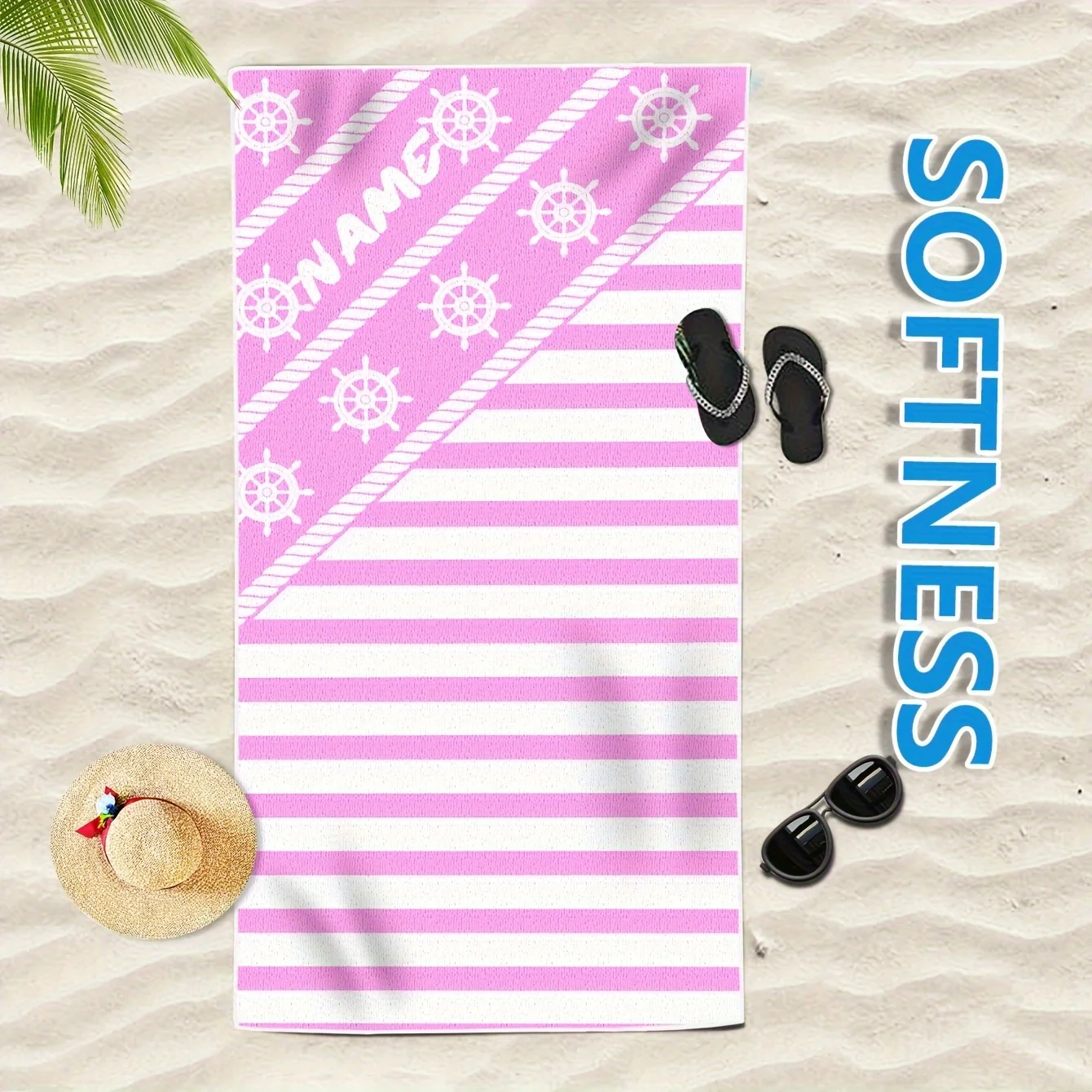 Оригинальное пляжное одеяло в темно-синюю полоску с именем супервпитывающее и